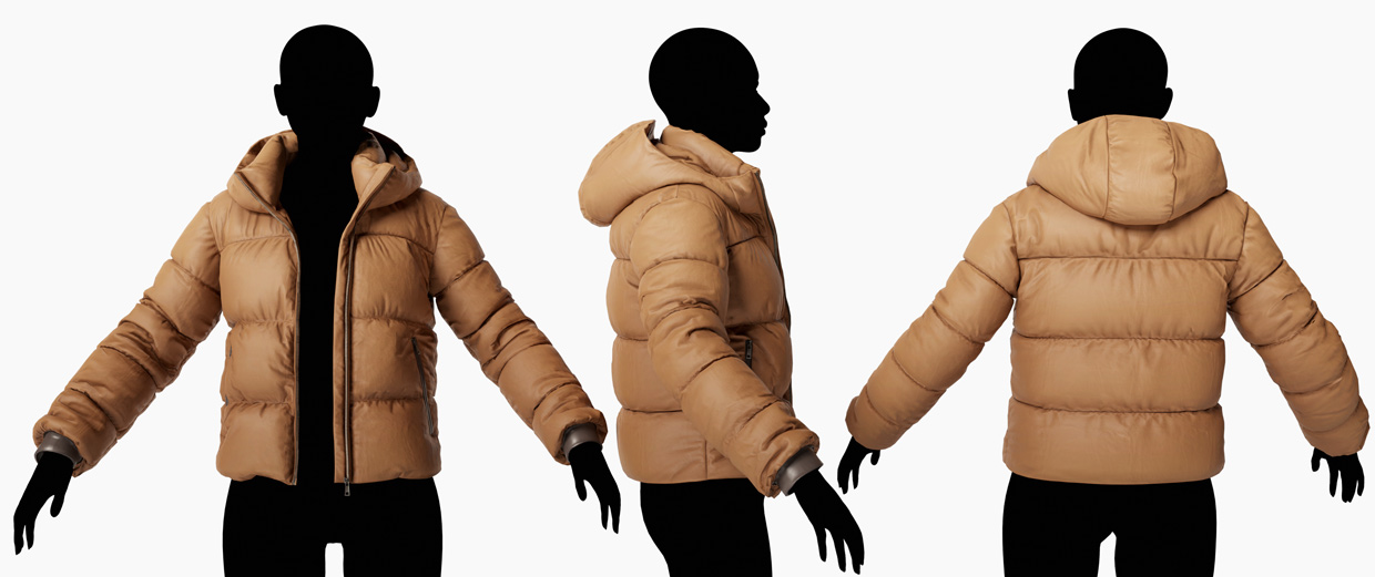 Lineup of female puffer jacket 3D models featuring high-resolution textures